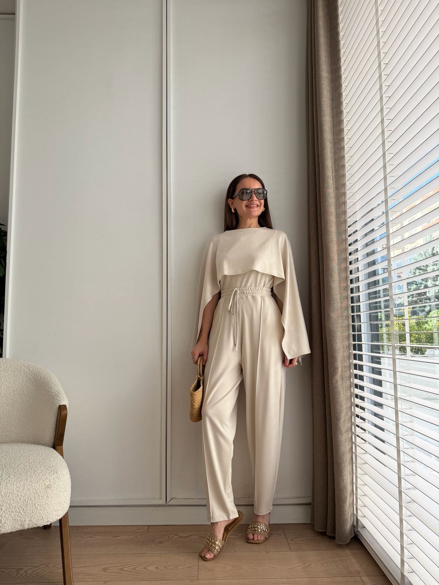Taş Pelerin Detaylı Bluz Pantolon Takım 4143