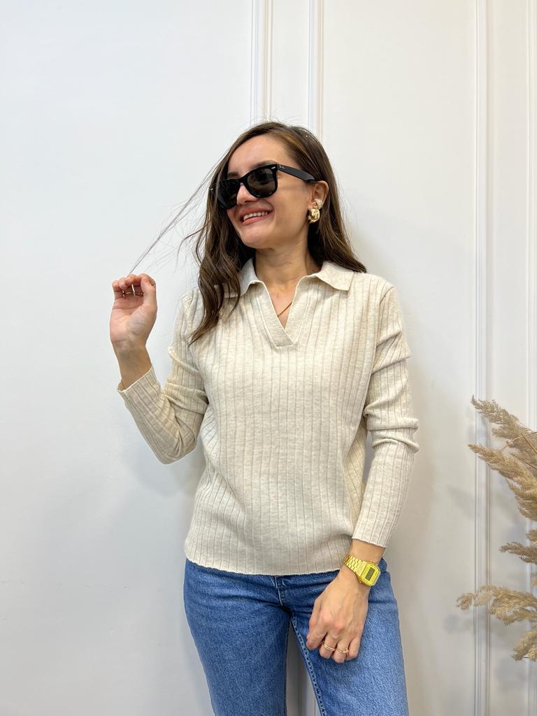 Taş Polo Yaka Çizgili Triko Bluz 3243