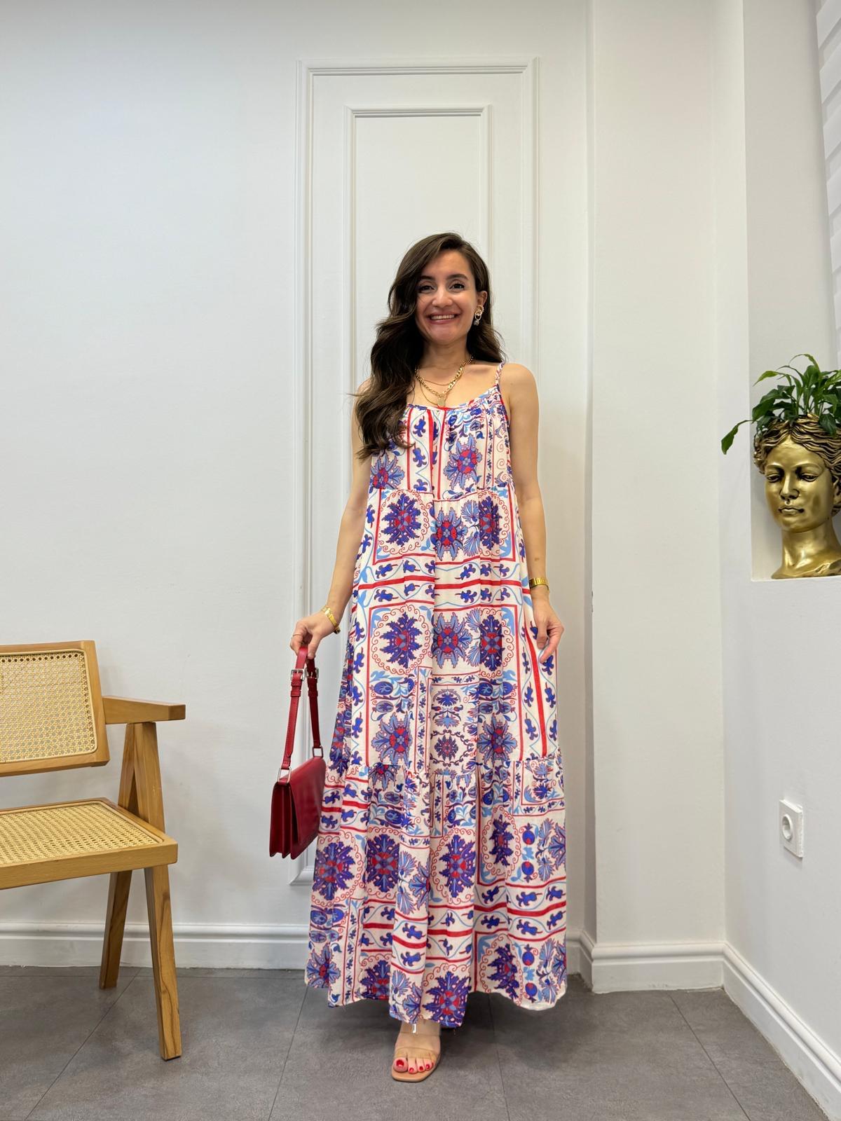 Taş Renkli Çiçek Desenli Askılı Elbise 3172