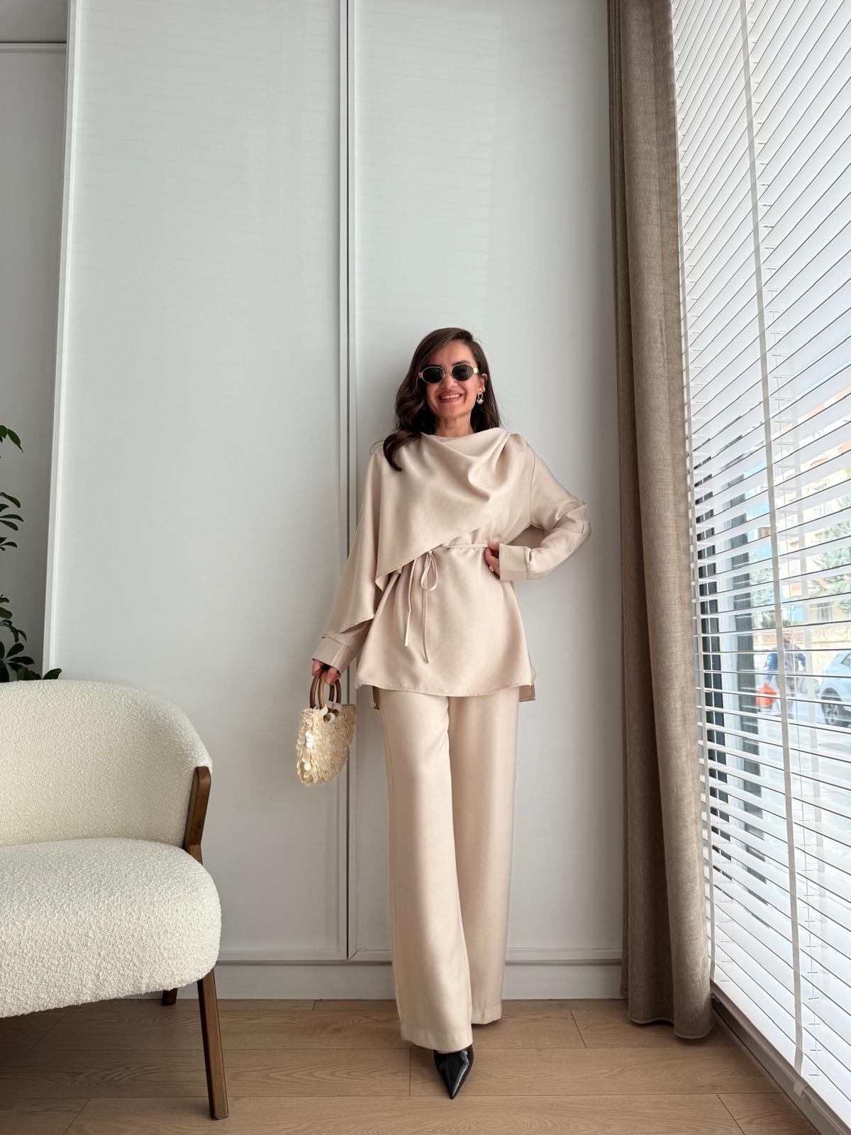 Taş Şal Yaka Tasarım Bluz Pantolon Takım 8625
