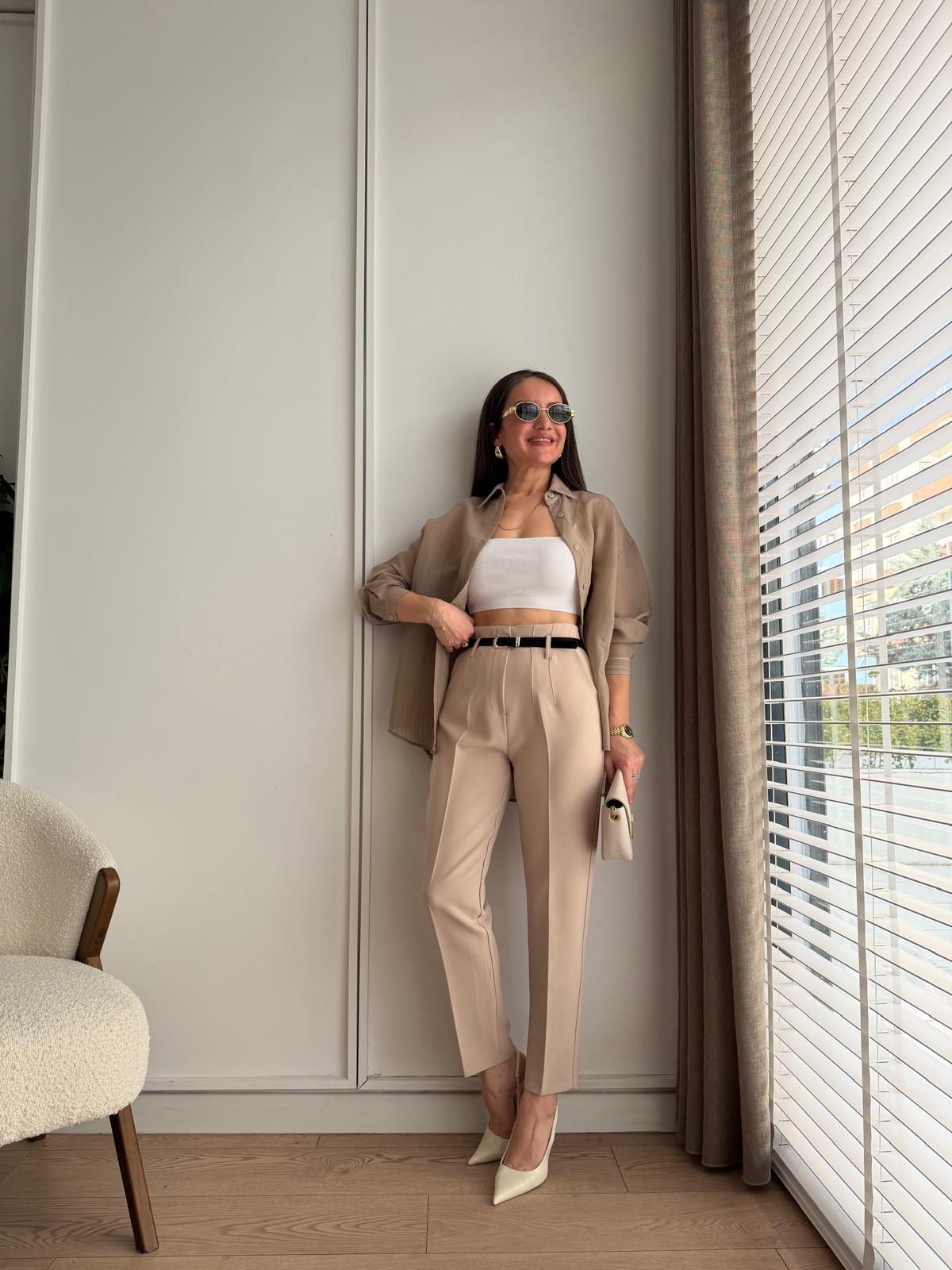 Taş Süet Kemerli Pensli Pantolon 51269