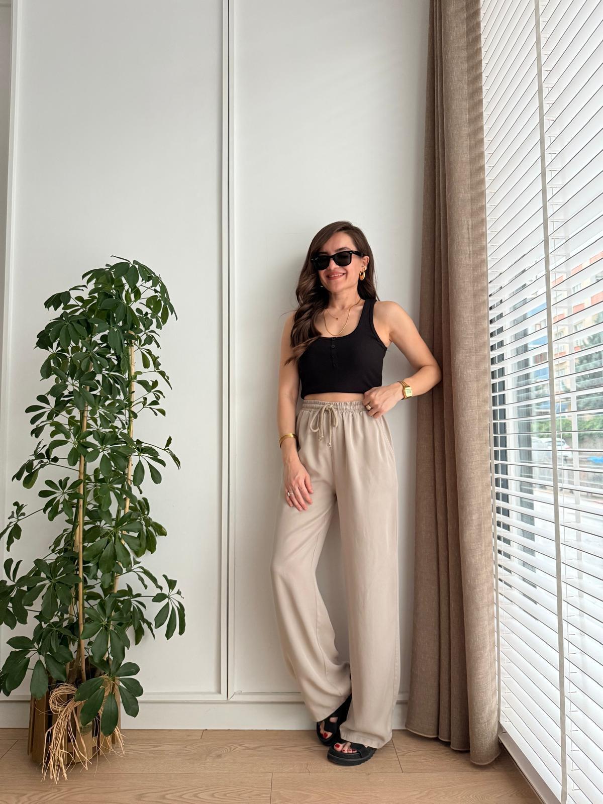 Taş Tensel Kumaş Beli Lastikli Palazzo Pantolon 8033