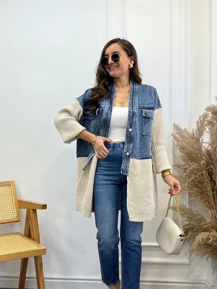 Taş Triko Detaylı Denim Ceket 1011