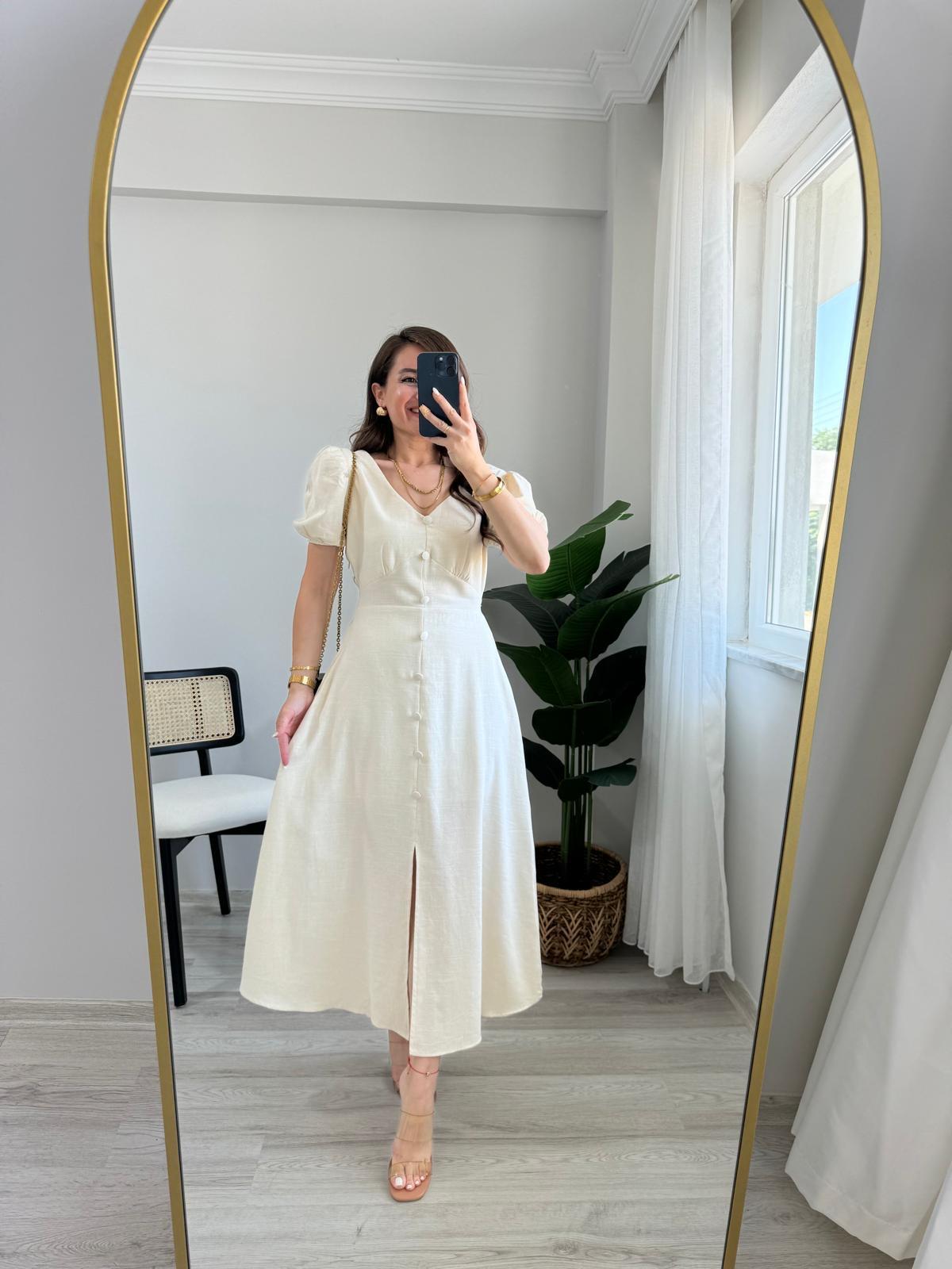 Taş V Yaka Omuz Vatkalı Önü Düğmeli Elbise 4307