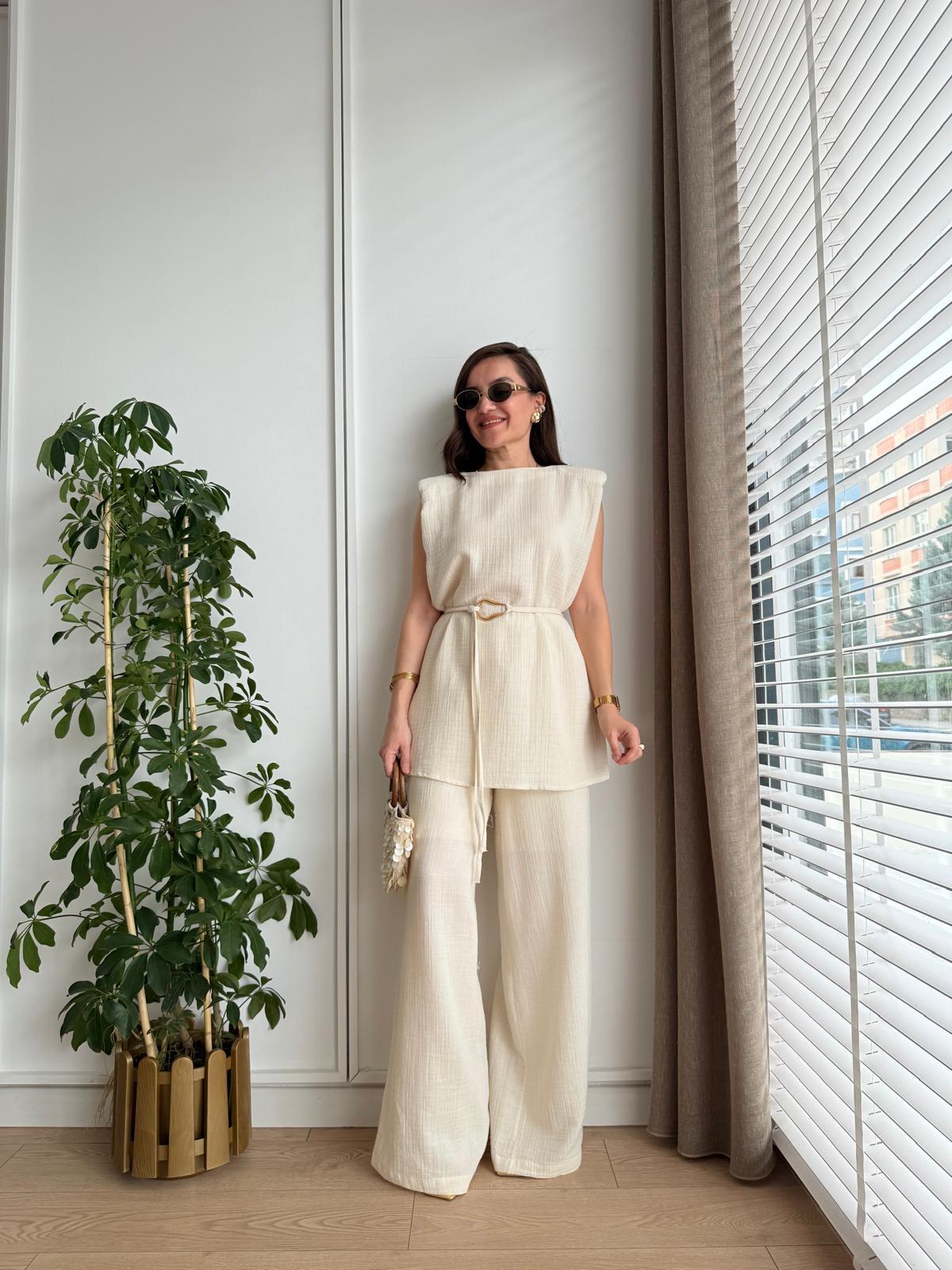 Taş Vatkalı Bluz Geniş Paça Pantolon Takım 8720