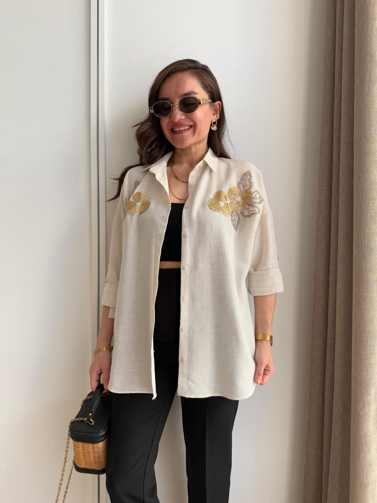 Taş Yonca Boncuk İşleme Detaylı Keten Gömlek 1036