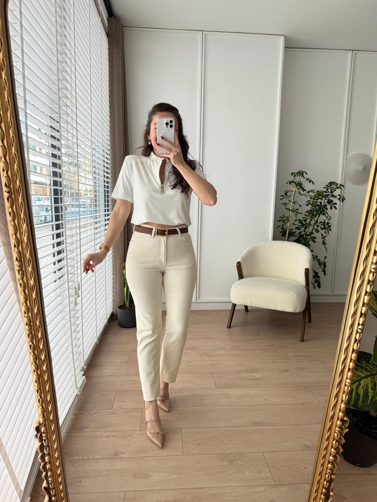 Taş Yüksek Bel Full Likralı Paçası Kesik Mom Jean 0764