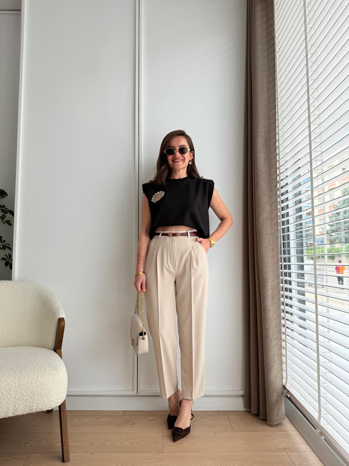 Taş Yüksek Bel Pensli Kemerli Kumaş Pantolon 3706