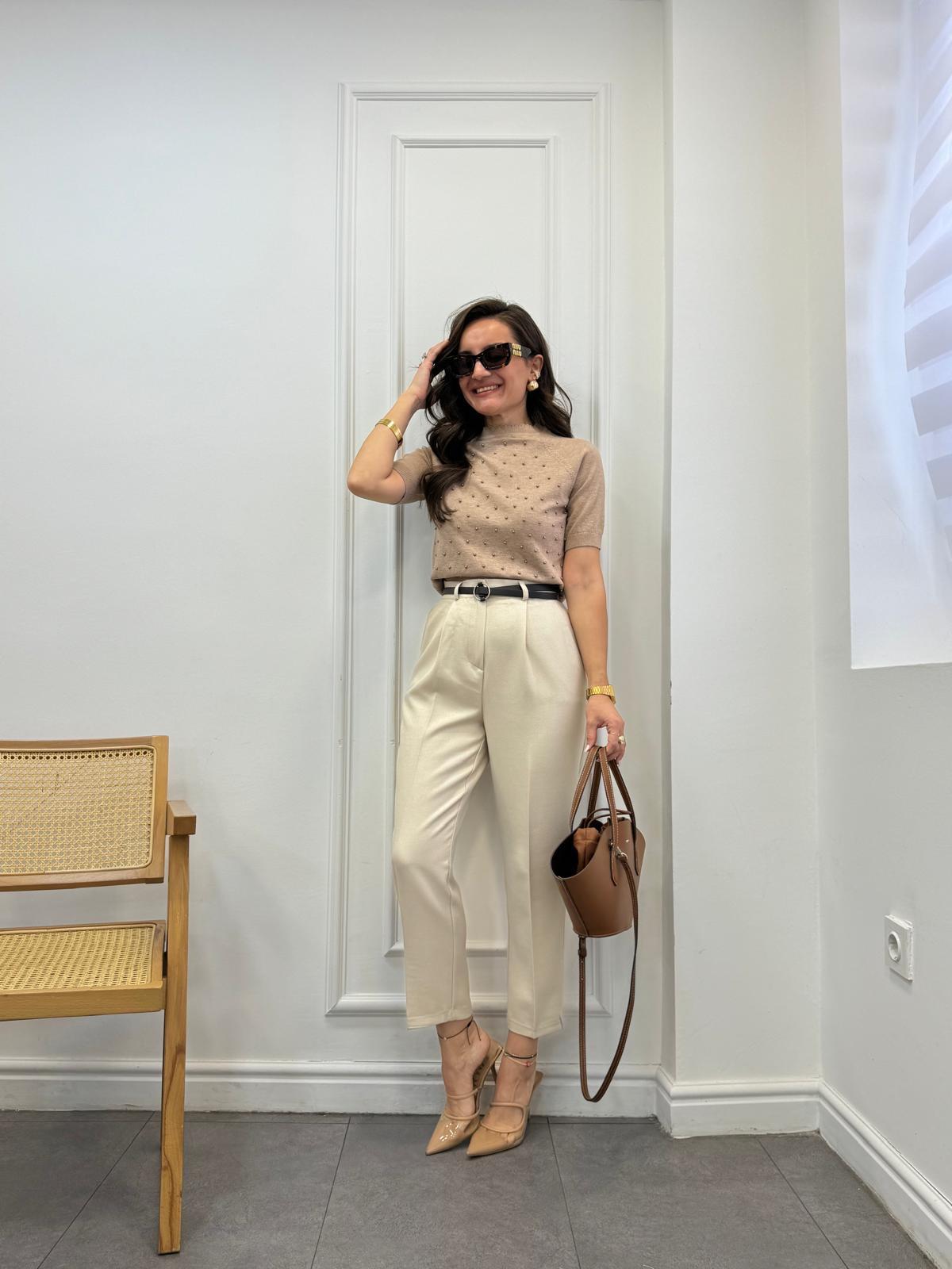 Taş Yün Efekt Kemerli Lastikli Kumaş Pantolon 0651