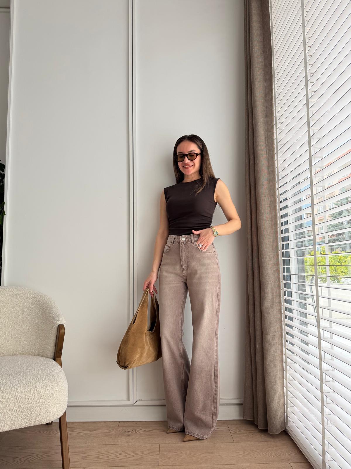 Taşlama Kahverengi Yüksek Bel Palazzo Jean 72285