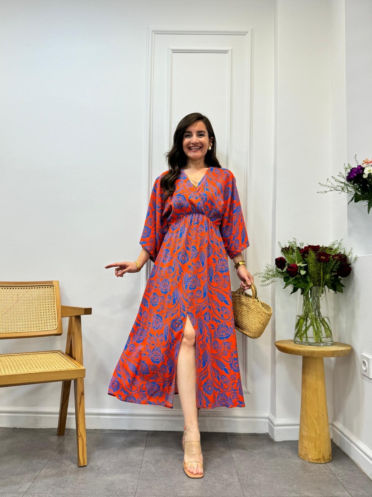 Turkuaz Desenli Bel Lastikli Yırtmaç Detaylı Elbise 3003