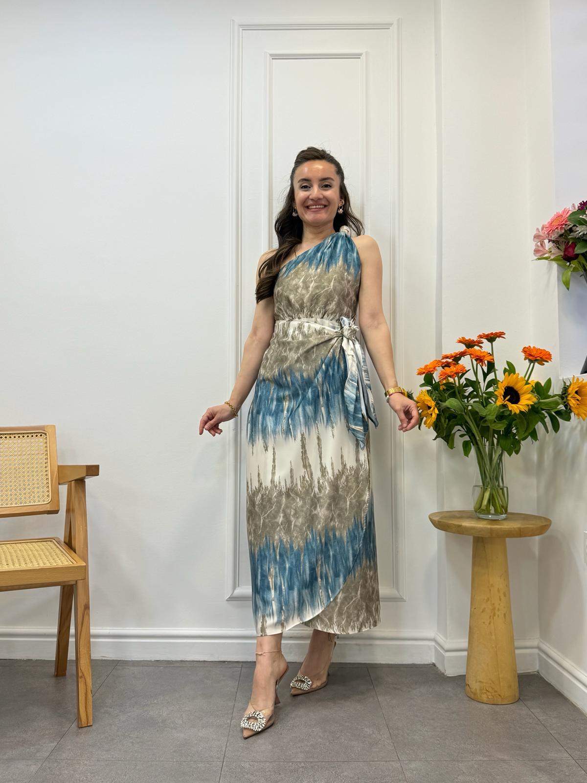 Turkuaz Lüx Kalite Tasarım Tek Omuz Detaylı Elbise 3164