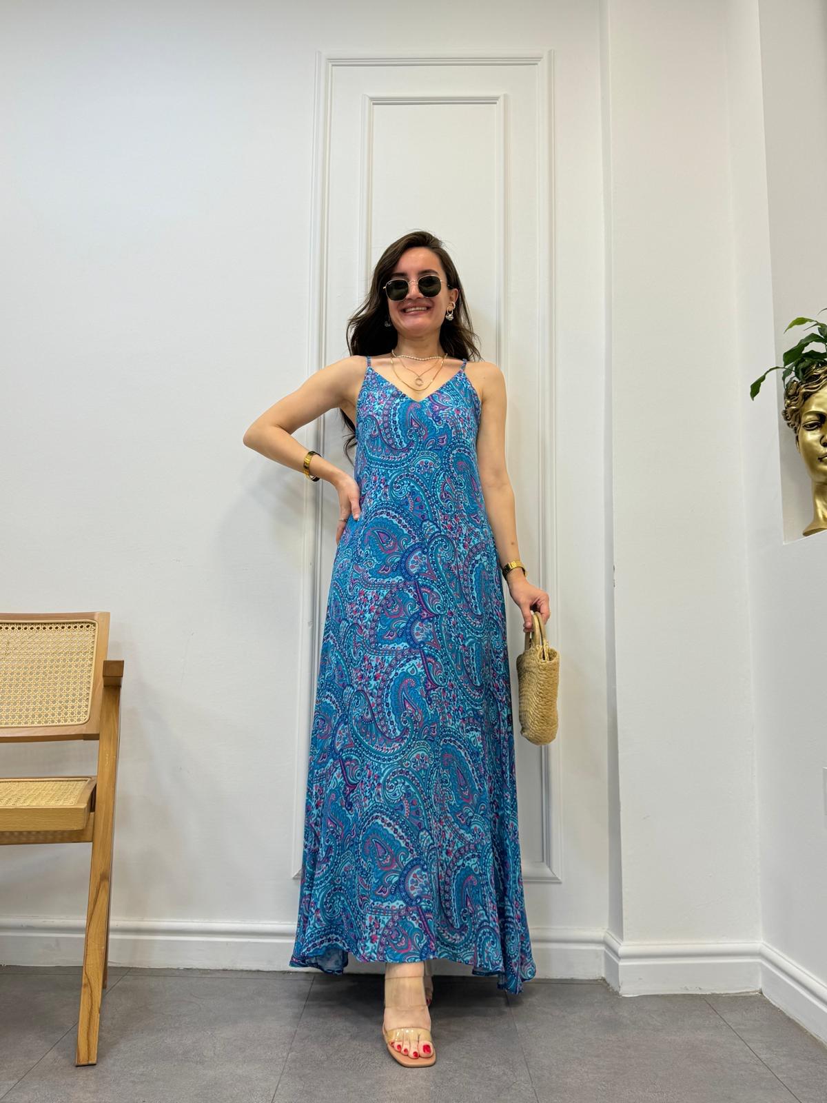 Turkuaz Renkli Desenli Askılı Elbise 3176