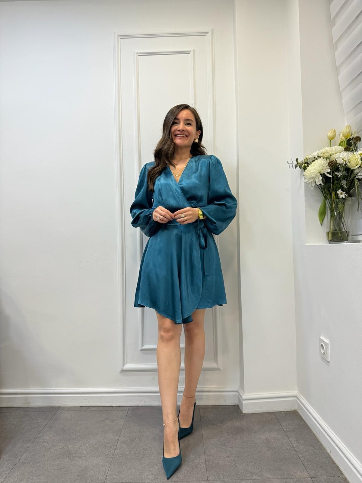 Turkuaz Saten Kruvaze Bağlamalı Mini Elbise 1478