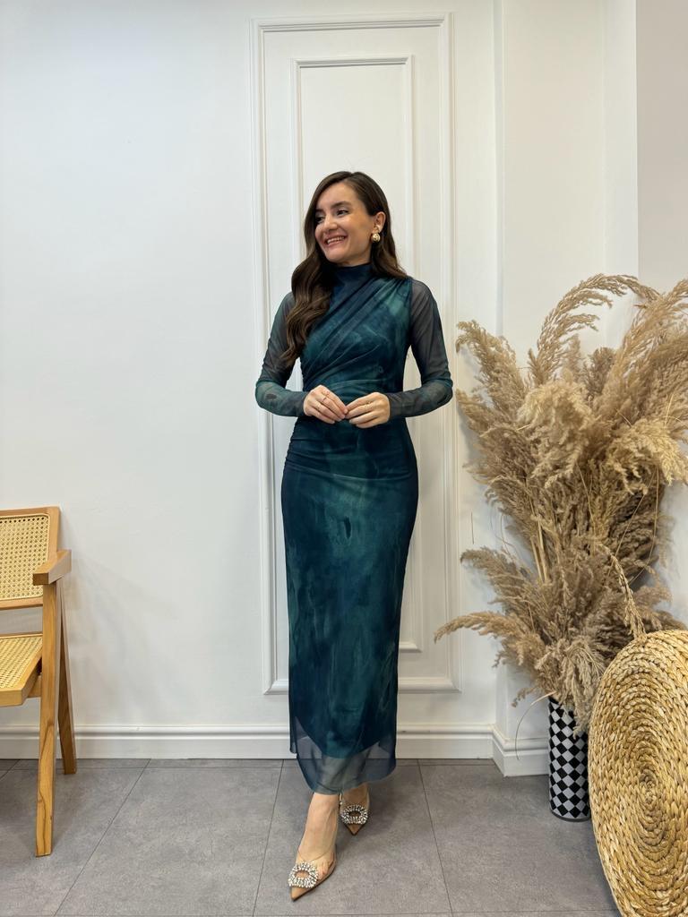 Turkuaz Yanı Büzgülü Batik Elbise 3328