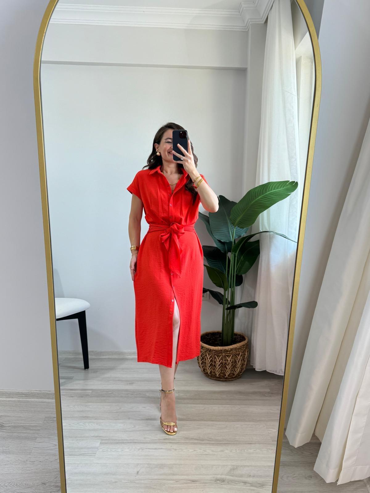 Turuncu Beli Kendinden Kuşaklı Düğmeli Gömlek Elbise 0205