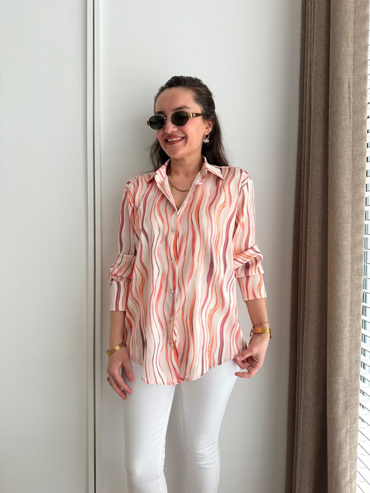 Turuncu Dalga Desenli Saten Gömlek 5201