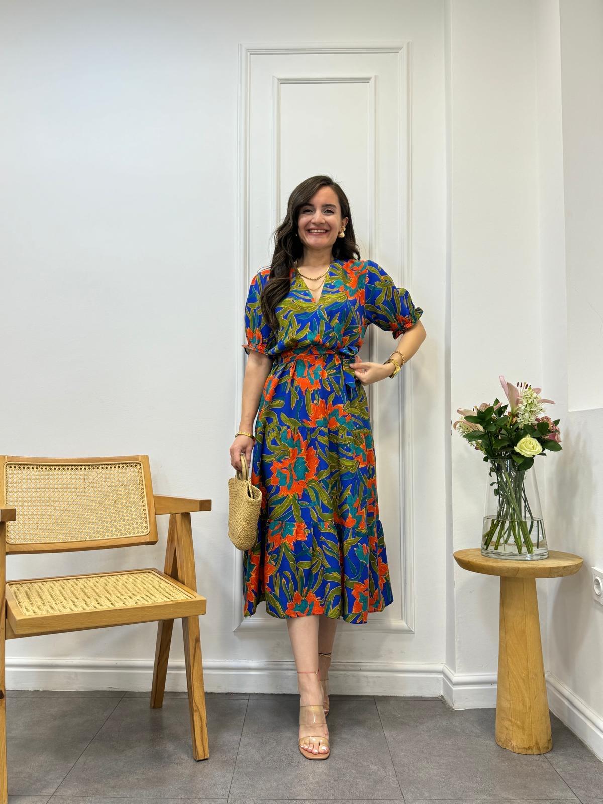 Turuncu Desenli V Yaka Kuşaklı Elbise 5928