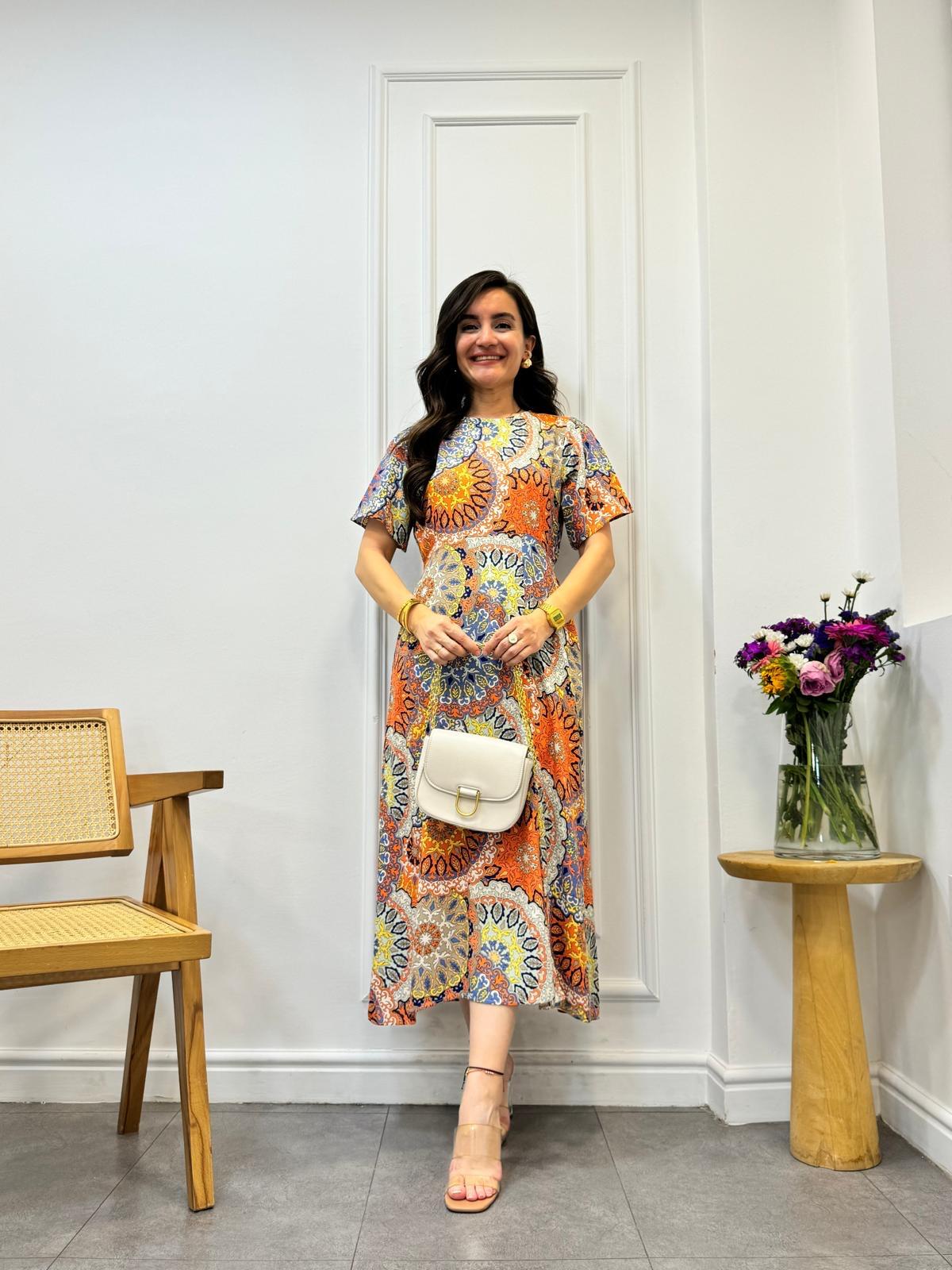 Turuncu Desenli Yırtmaçlı Elbise 9967