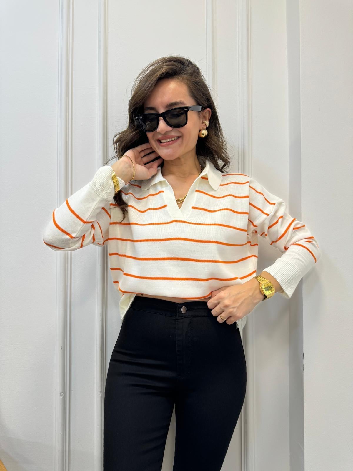 Turuncu Ekru Çizgili Polo Yaka Triko Bluz 3276