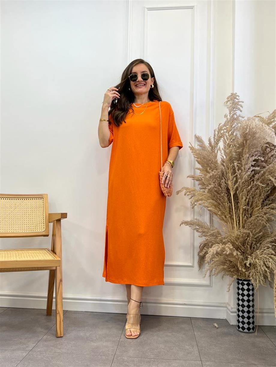 Turuncu Gofre Kumaş Yırtmaçlı Basic Elbise 0411