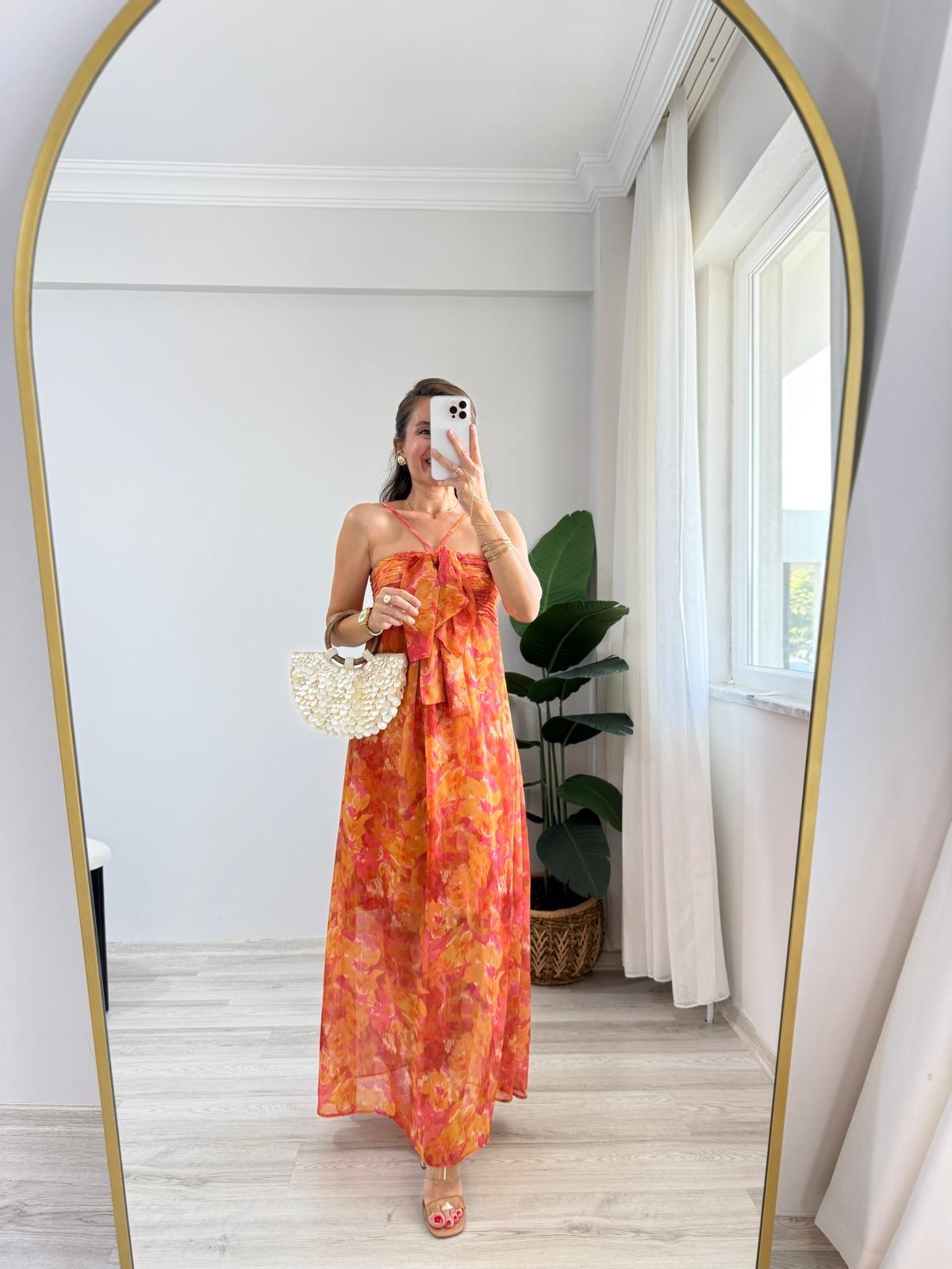 Turuncu Gögüs Kurdele Detaylı Çiçekli Şifon Elbise 0512