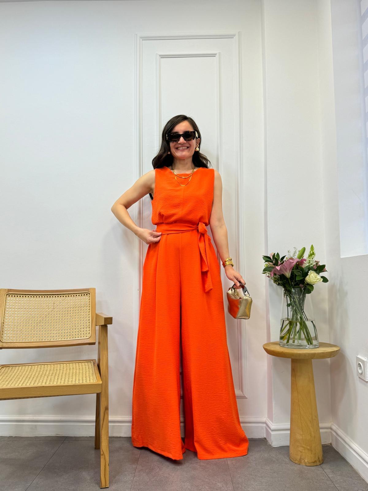 Turuncu Kalın Askılı Kuşaklı Tulum 9112