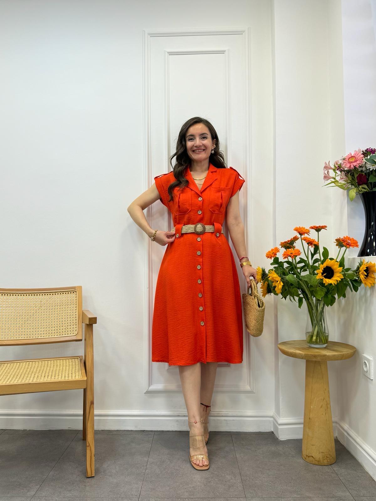 Turuncu Kruvaze Yaka Hasır Kemer Detaylı Elbise 5889