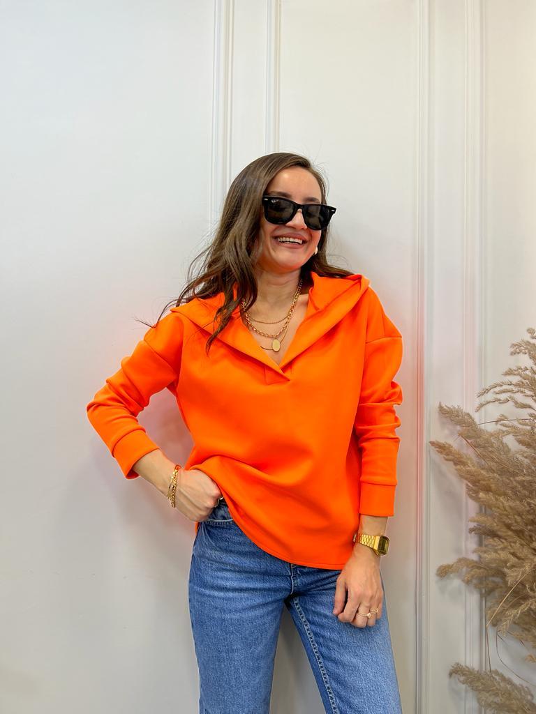 Turuncu Scuba Kumaş Kapüşonlu Sweatshirt 1001