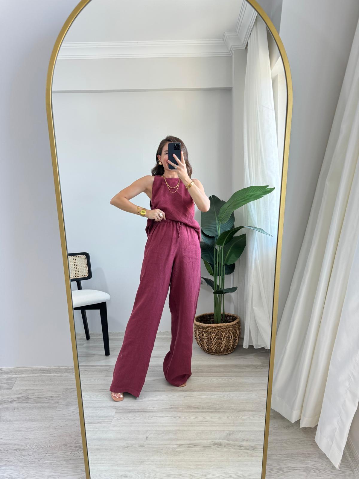 Vişne çürüğü Tasarım Keten Bluz Pantolon Takım 51012