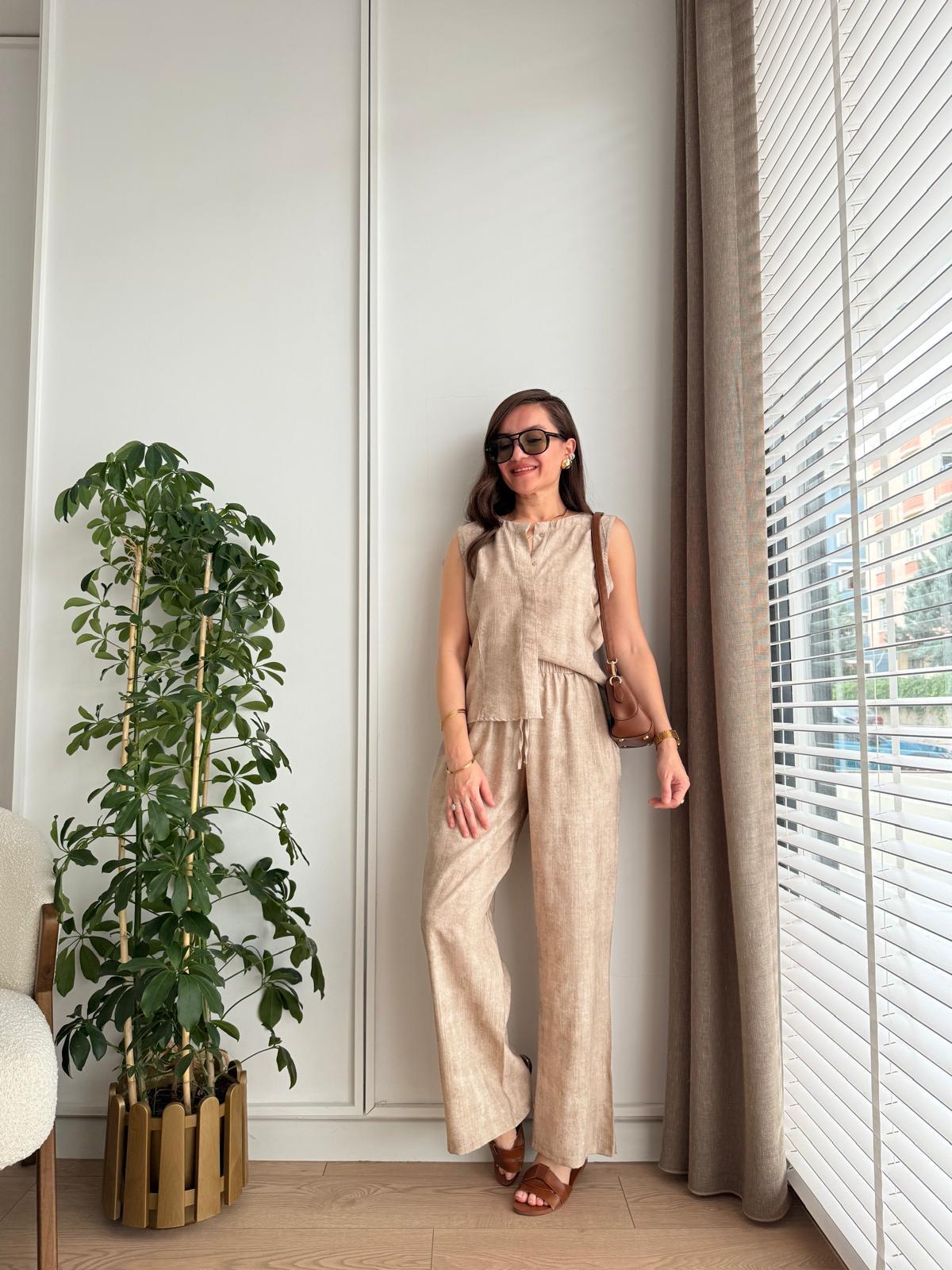 Vizon Bambu Kumaş Düğmeli Bluz Pantolon Takım 505