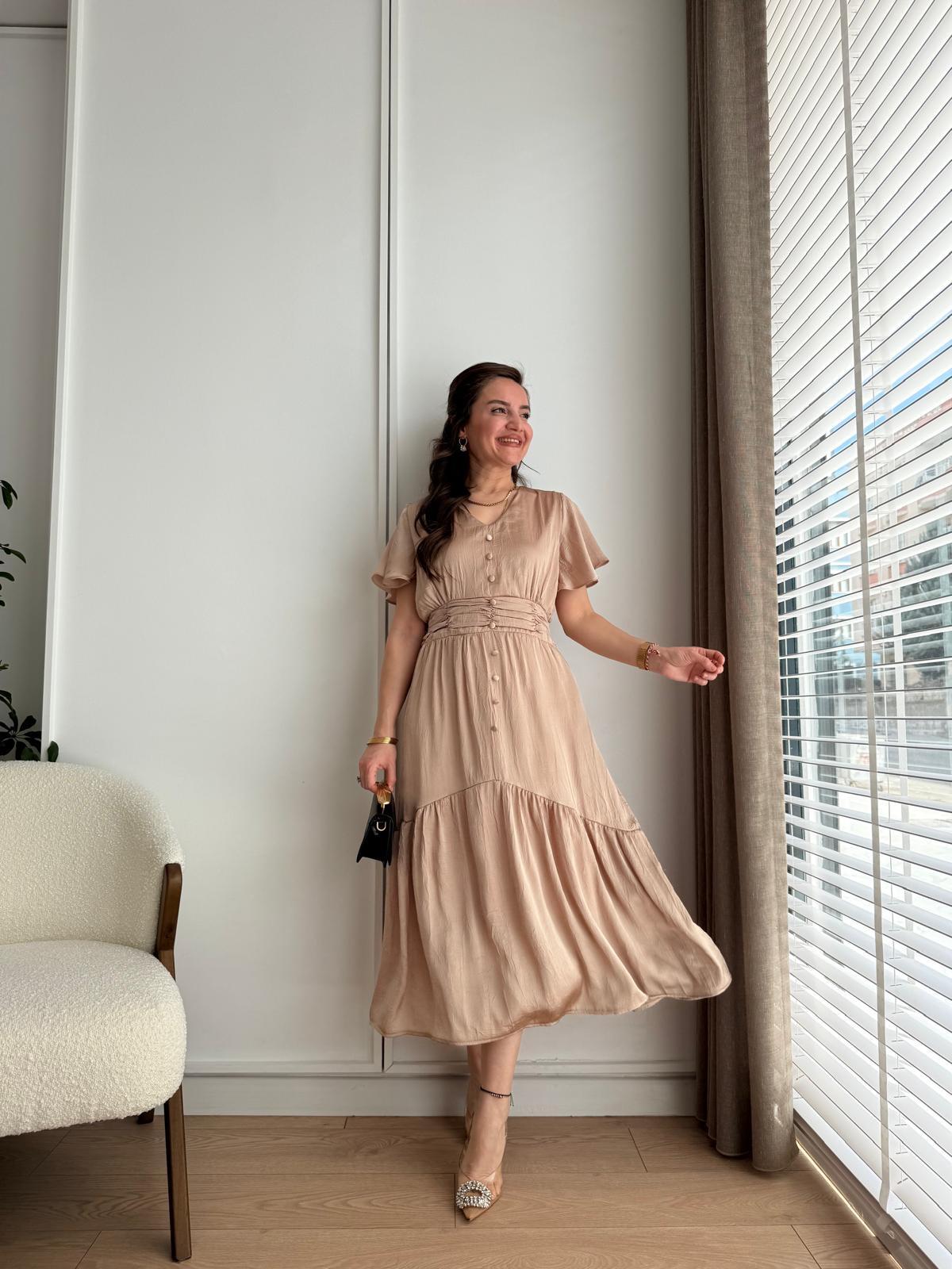 Vizon Bel Lastikli Düğme Detaylı Elbise 2116