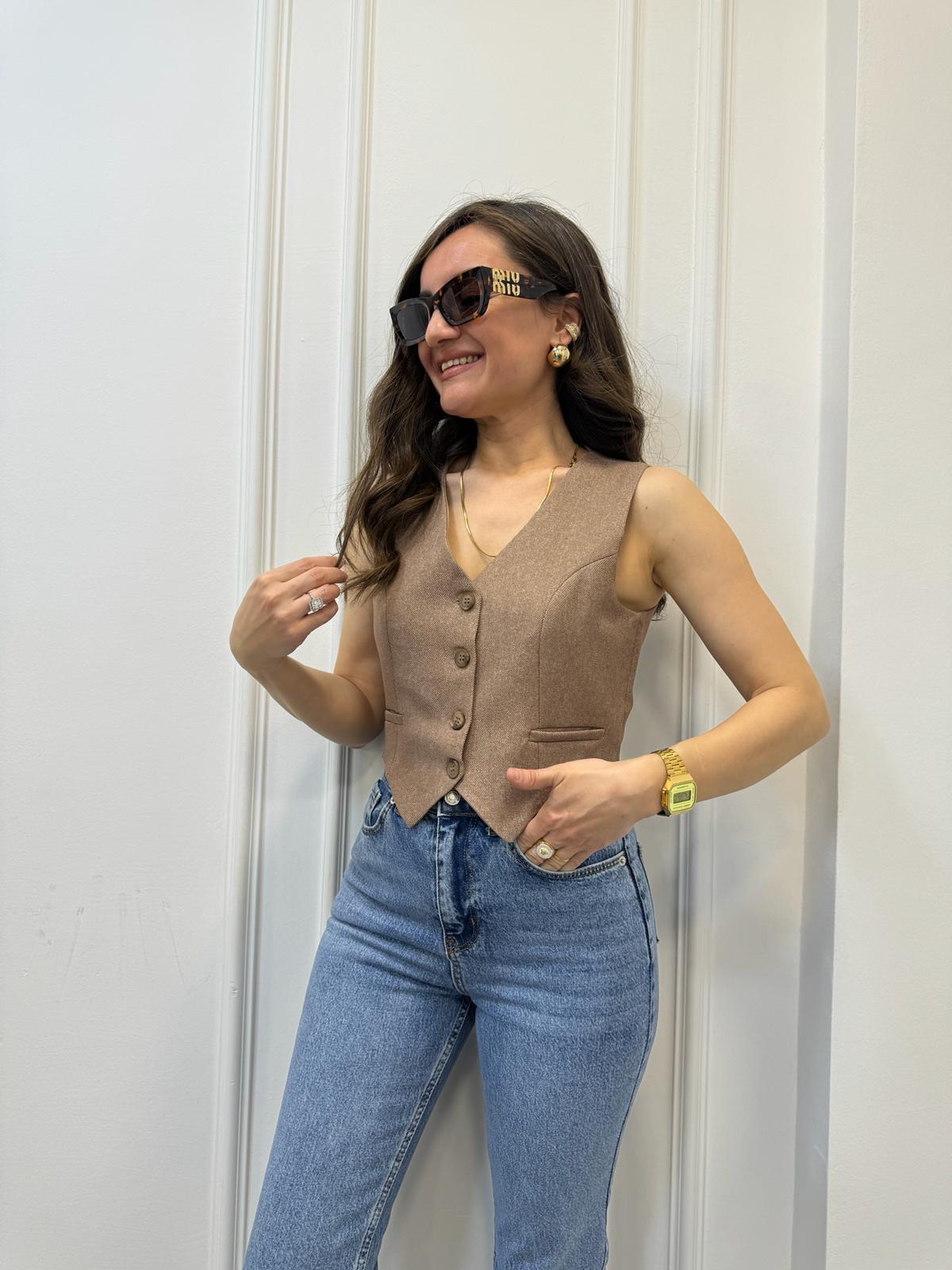 Vizon Önü Düğmeli Yün Efekt Yelek 7074