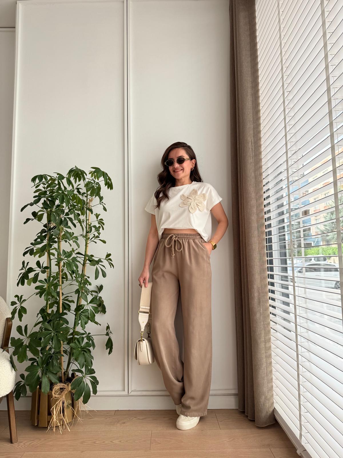 Vizon Tensel Kumaş Beli Lastikli Palazzo Pantolon 8033