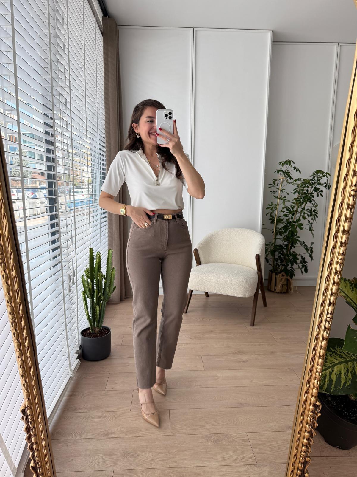 Vizon Yüksek Bel Full Likralı Paçası Kesik Mom Jean 0764