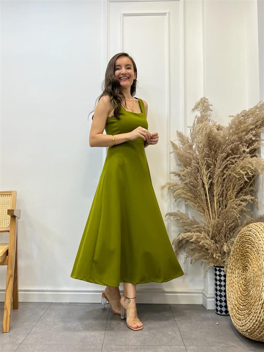 Yağ Yeşili Kalın Askılı Kare Yaka Elbise 3021