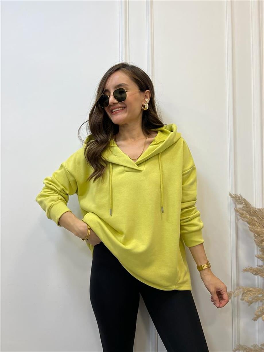 Yağ Yeşili V Yaka Kapüşonlu Sweatshirt 5054