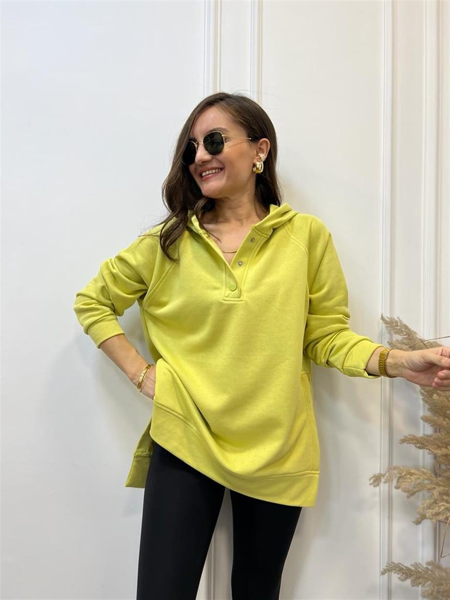 Yağ Yeşili Yandan Yırtmaçlı Çıtçıtlı Kapüşonlu Sweatshirt 5048