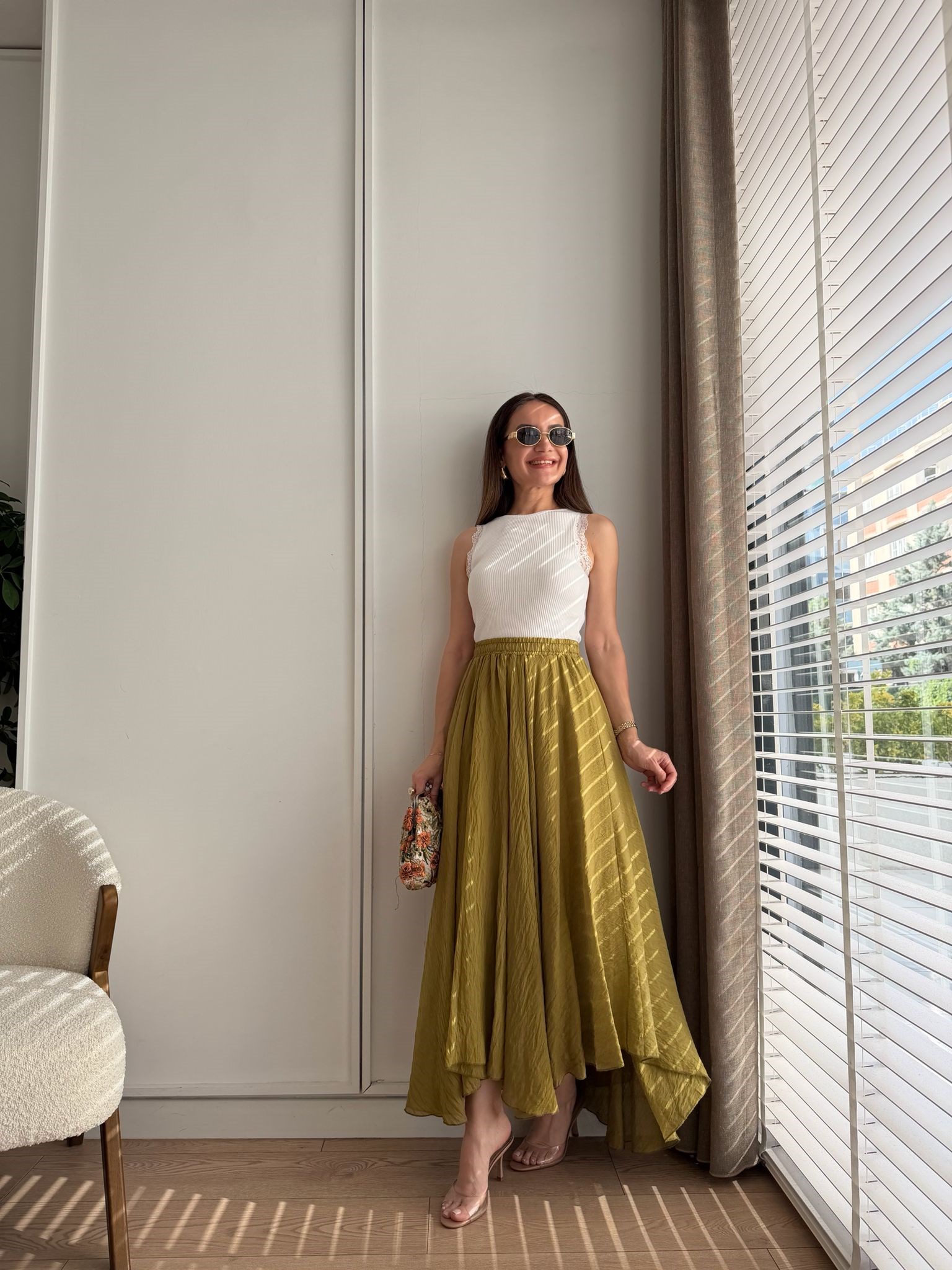 Yağyeşili Asimetrik Kesim Astarlı Etek 261022