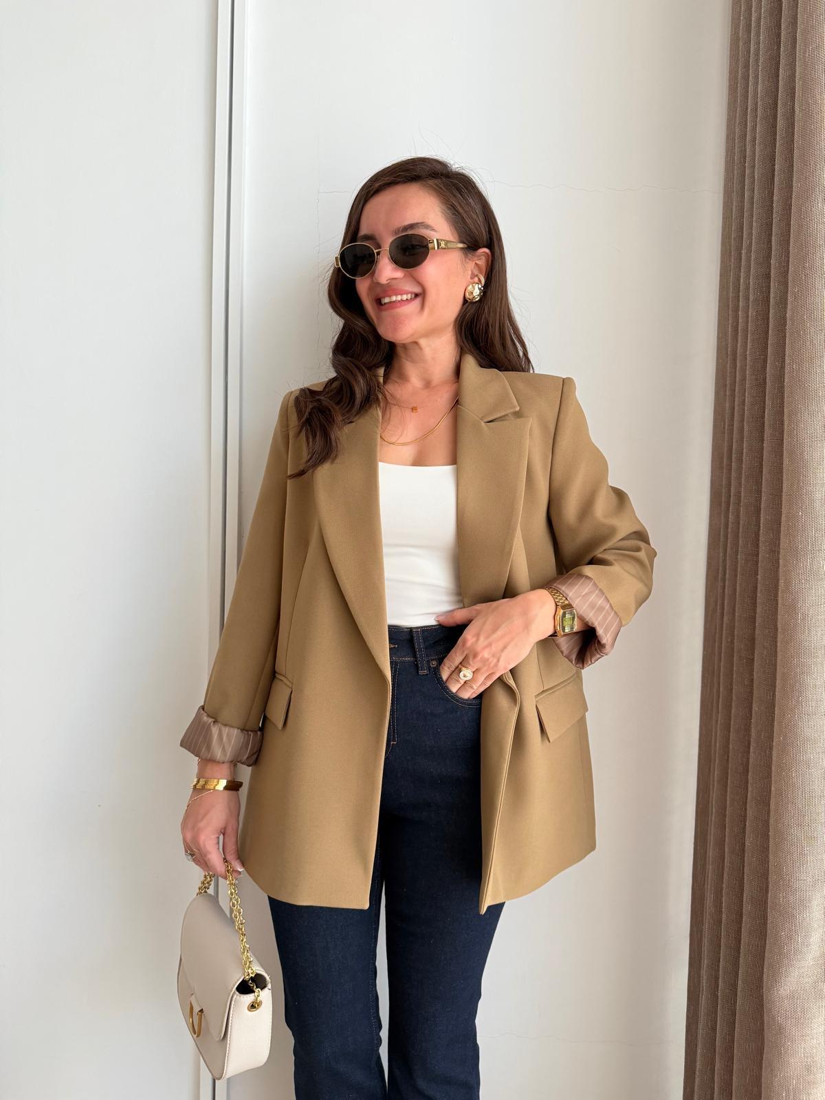 Yağyeşili Astarlı Keten Blazer Ceket 7560