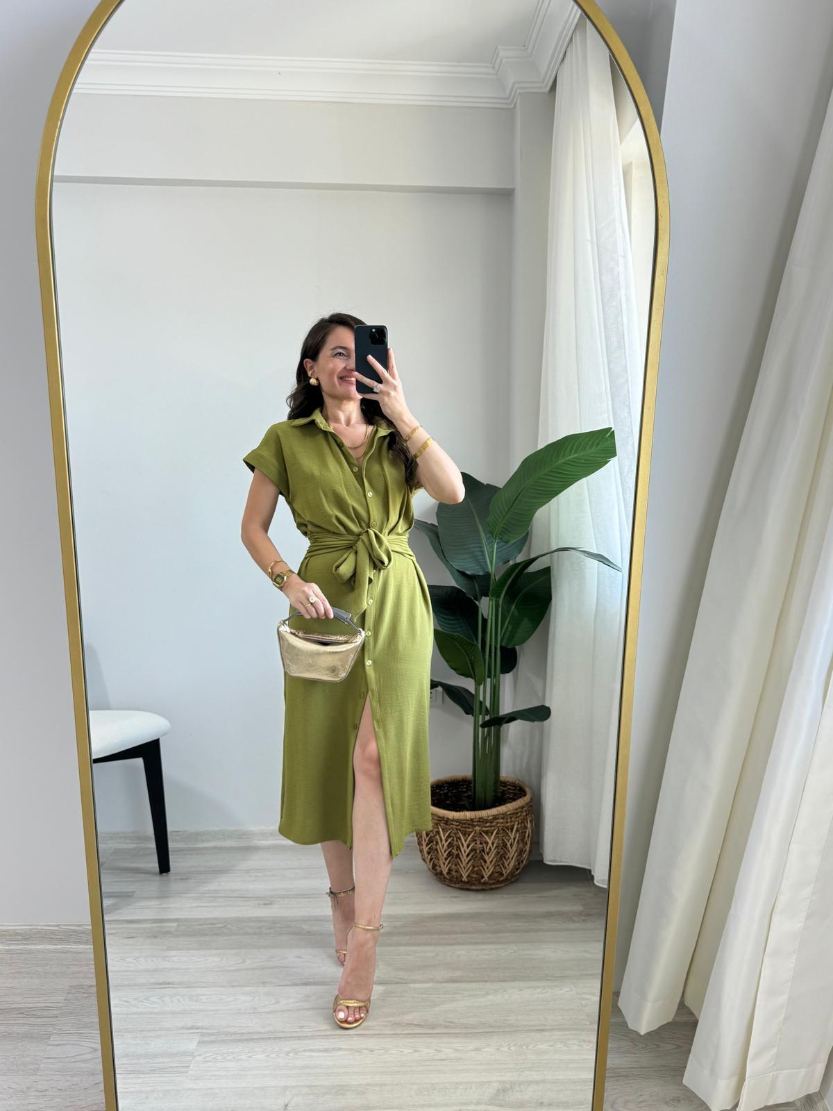 Yağyeşili Beli Kendinden Kuşaklı Düğmeli Gömlek Elbise 0205