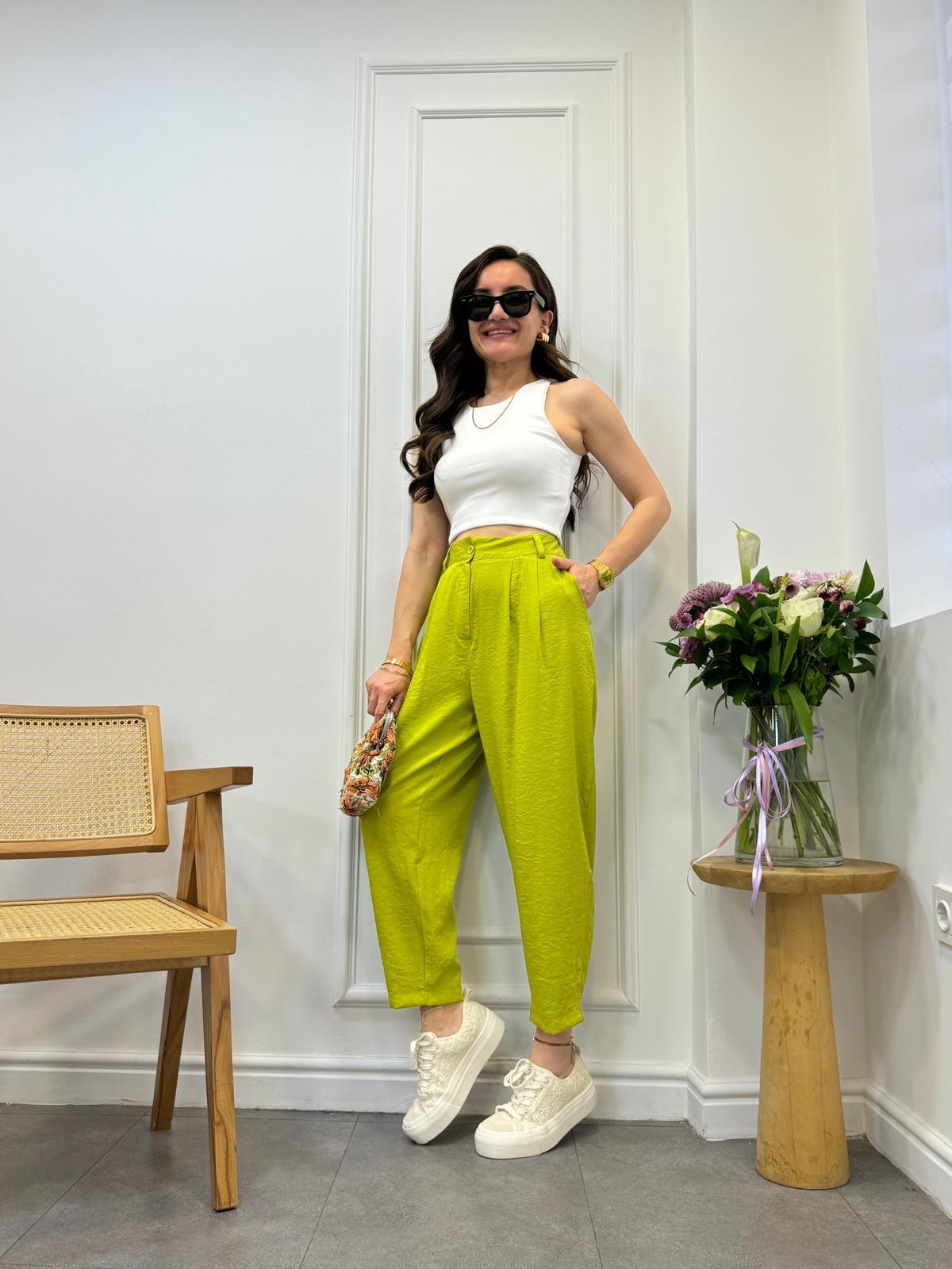 Yağyeşili İthal Kumaş Şalvar Pantolon 1602