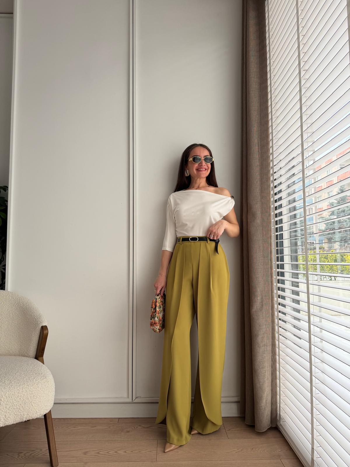 Yağyeşili Kemerli Tasarım Pantolon 265155