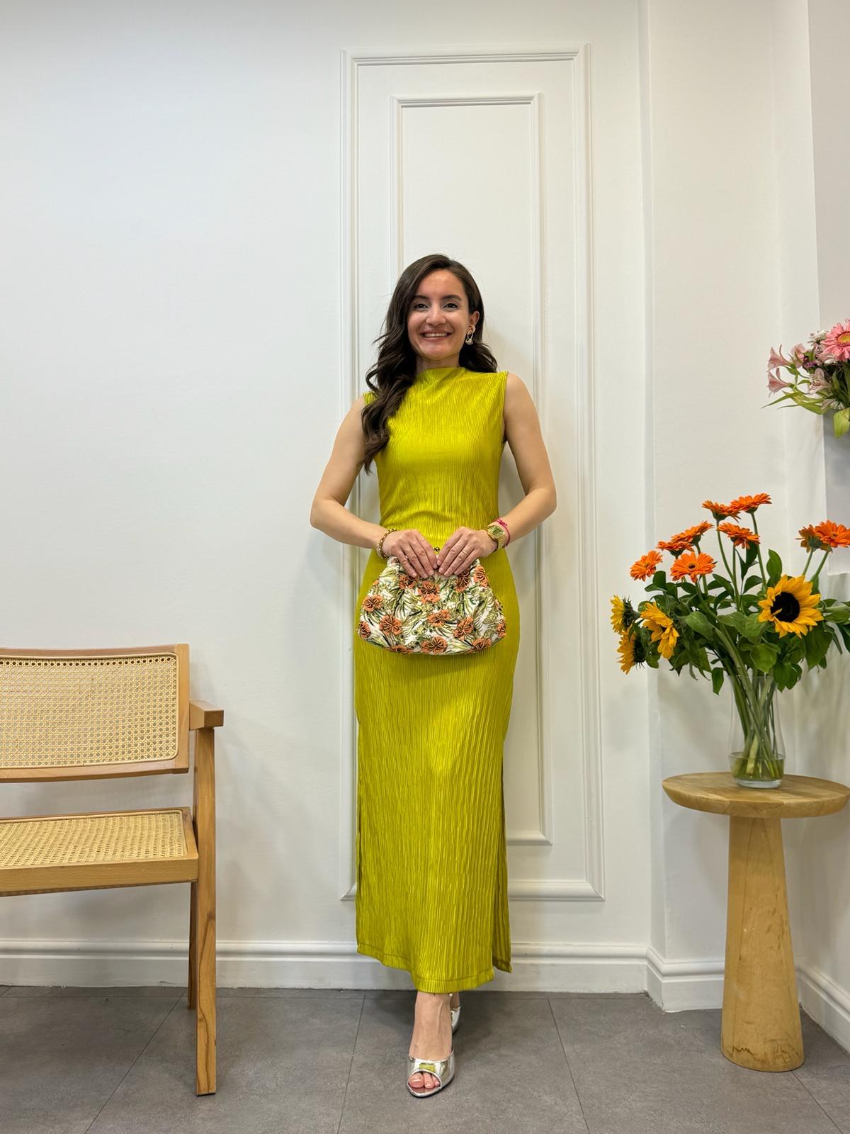 Yağyeşili Kendinden Desenli Yırtmaç Detaylı Elbise 6237