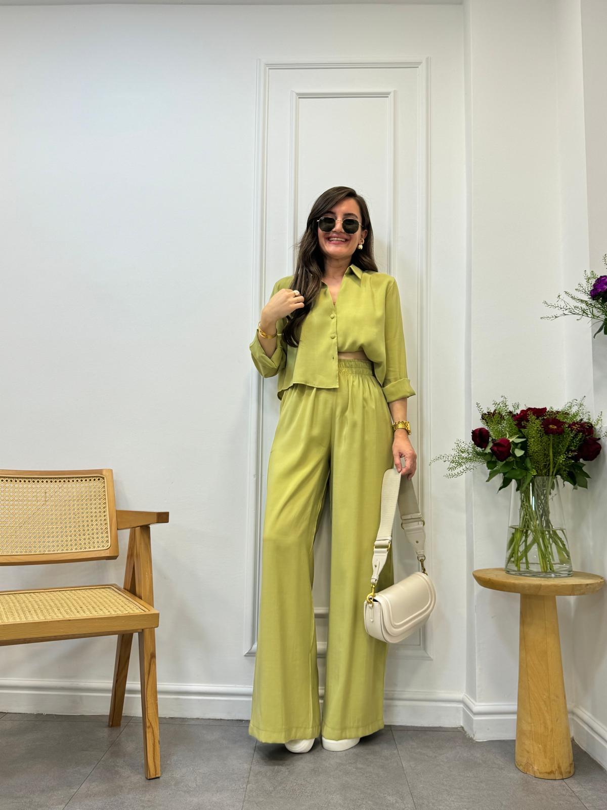 Yağyeşili Tensel Kumaş Gömlek Palazzo İkili Takım 50960