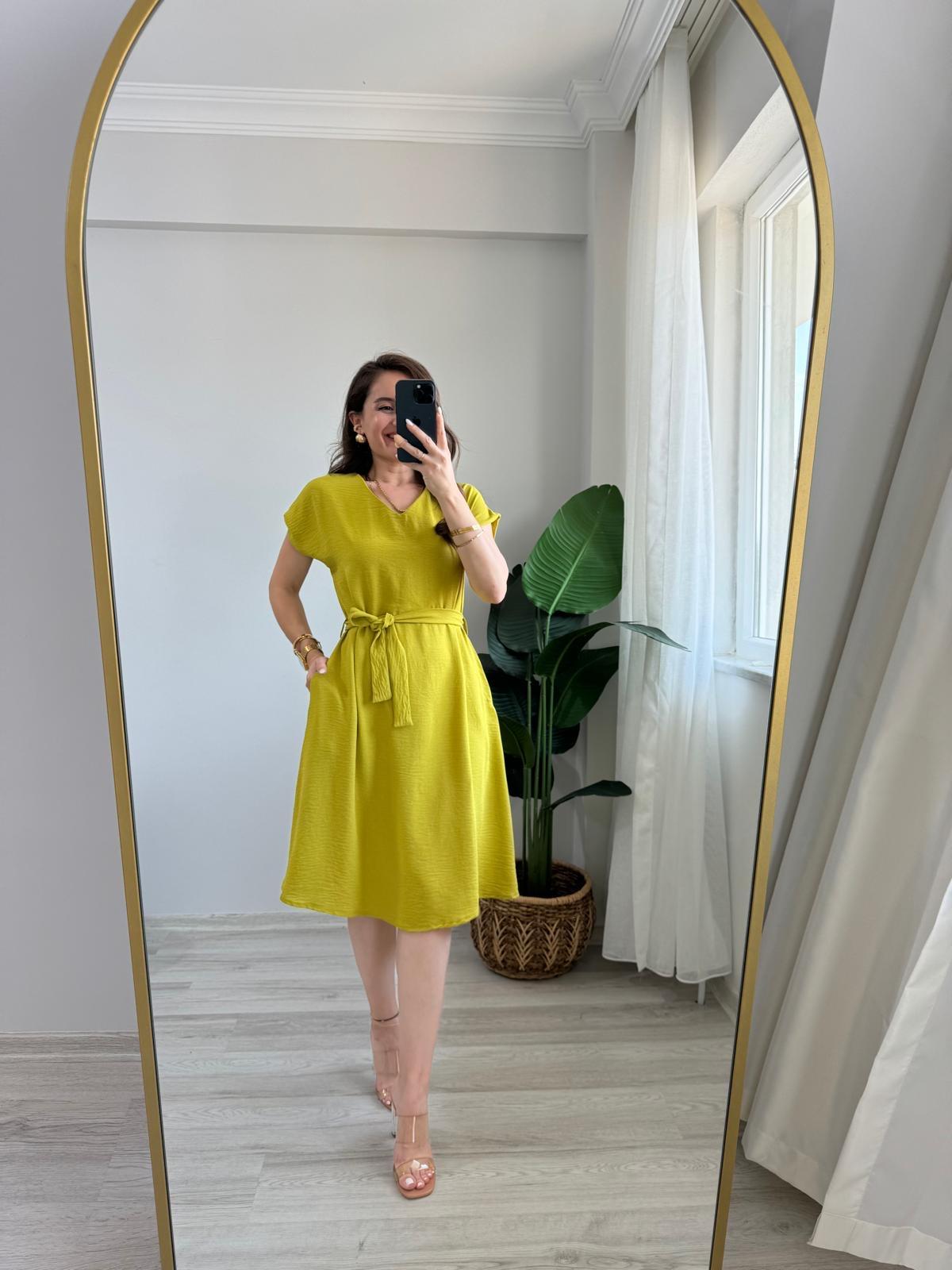 Yağyeşili V Yaka Aerobin Kumaş Kuşaklı Elbise 942