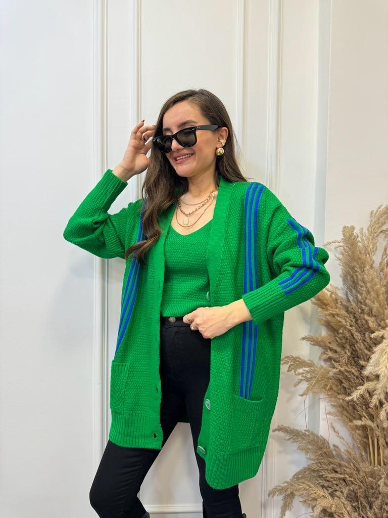 Yeşil Çizgili Crop Hırka Takım 0023
