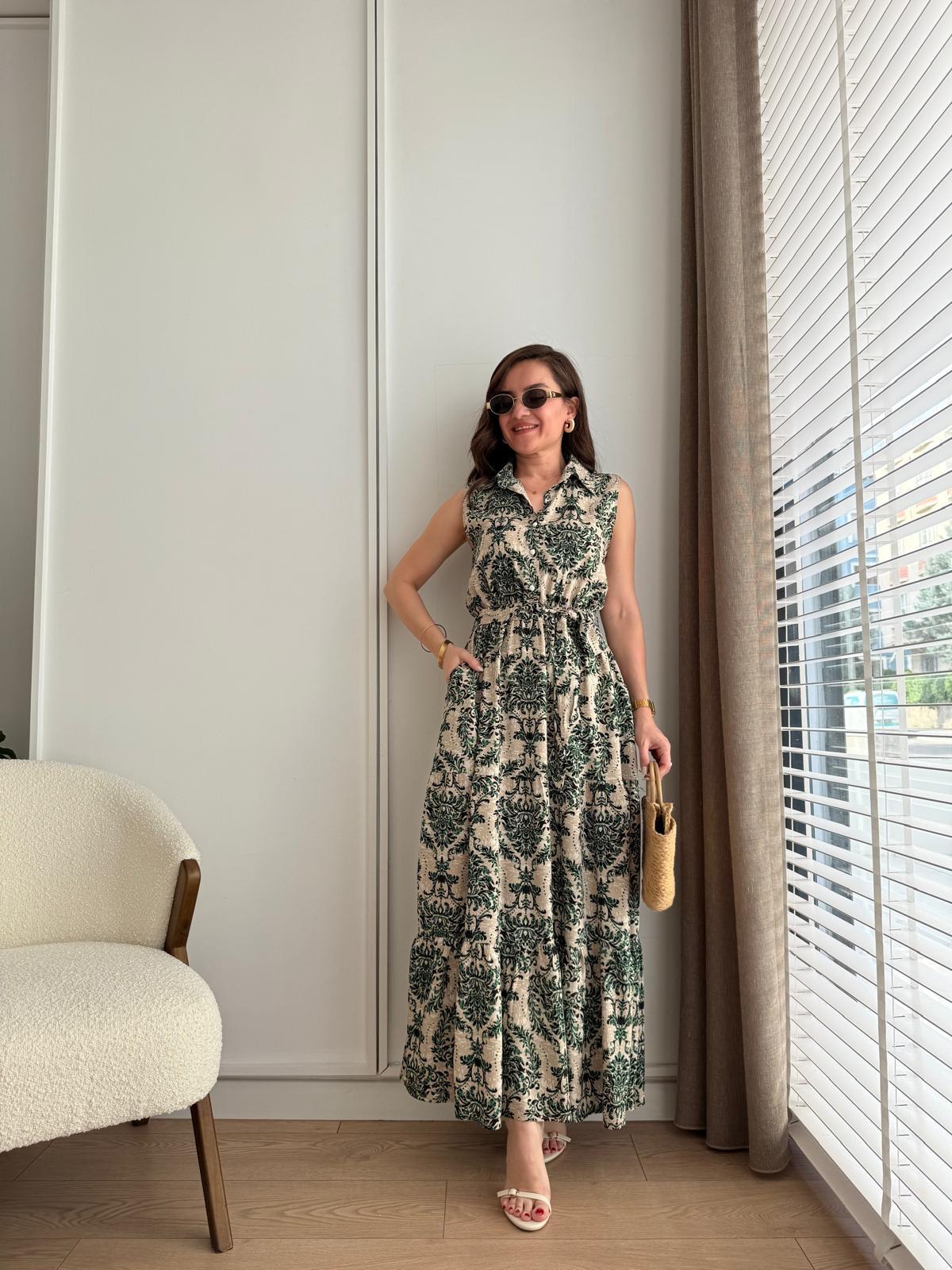 Yeşil Desenli Bel Lastikli Düğmeli Elbise 1302