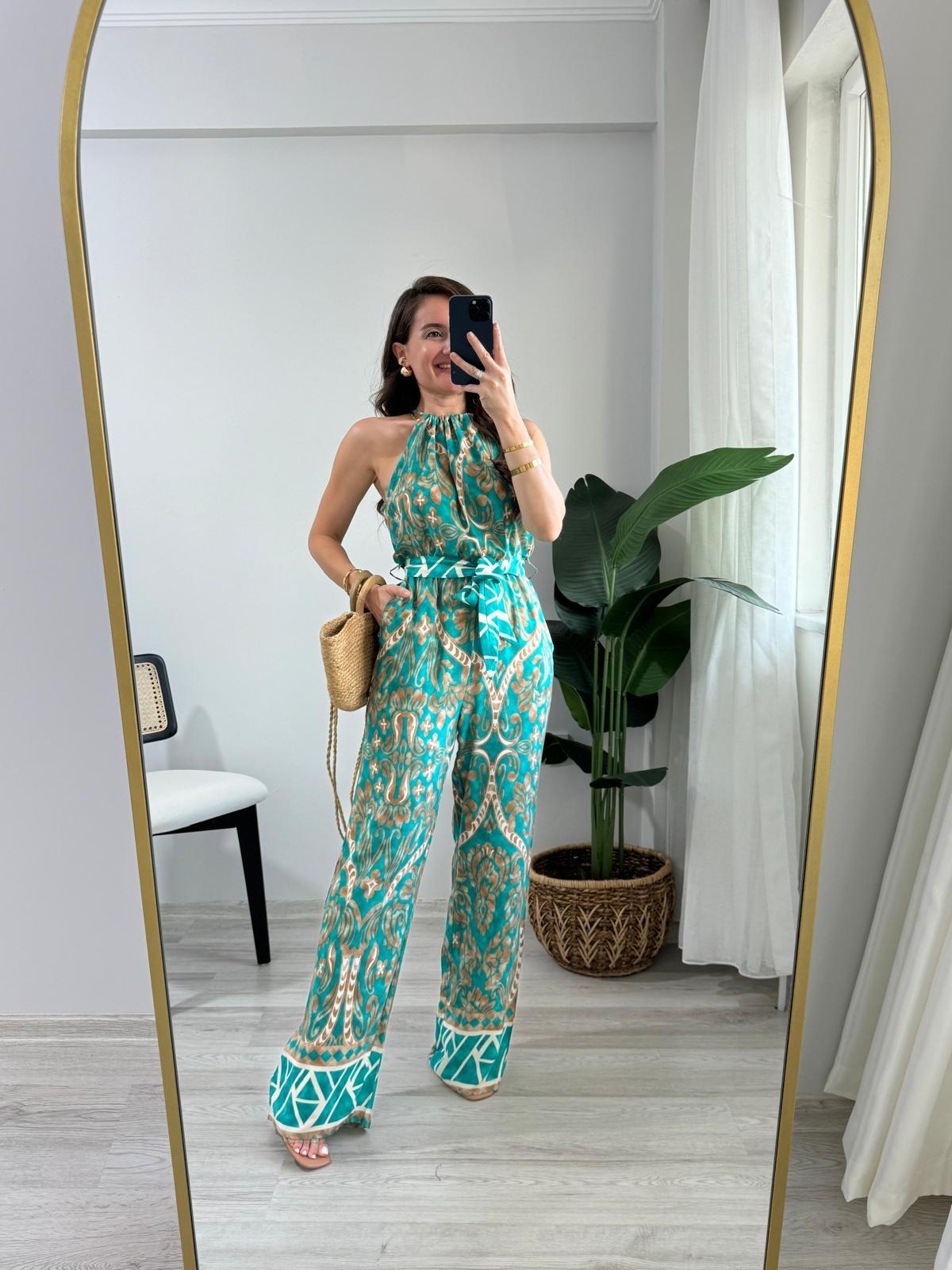 Yeşil Desenli Halter Yaka Bel Lastikli Kuşaklı Tulum  3528