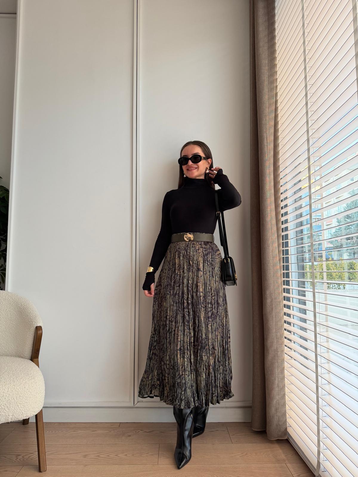 Yeşil Desenli Kemerli Crush Etek 7661